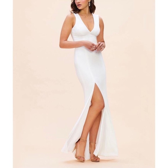 Dress The Population Sandra Plunge Sheath Gown White Sz L $198 - Picture 2 of 13